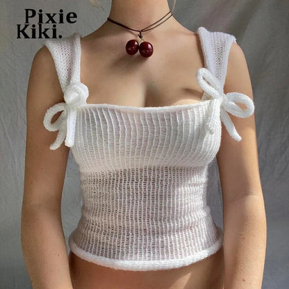 PixieKiki Y2k 2000s Bow White Crop Tops Woman Knitwears Cutecore Tank Top Kawaii Girls