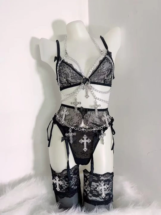 Cyber Goth Y2K Bralette and Panty Set with Chain Harness and Cross Thigh High Socks ( Chains Included)