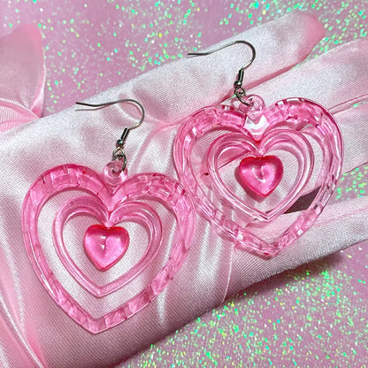 Y2K ￼Earrings E-Girl Translucent Pink Hollowout Heart Earrings Harajuku Fashion Kawaii Aesthetic Powerpuff GirlsLove Earrings for Women 2000s Jewelry