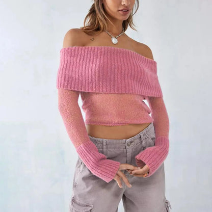 Women’s Knit Off Shoulder Crop Tops Solid Color Long Sleeve Cropped Sweater Pullovers Y2k High Streetwear Female Short Outwear