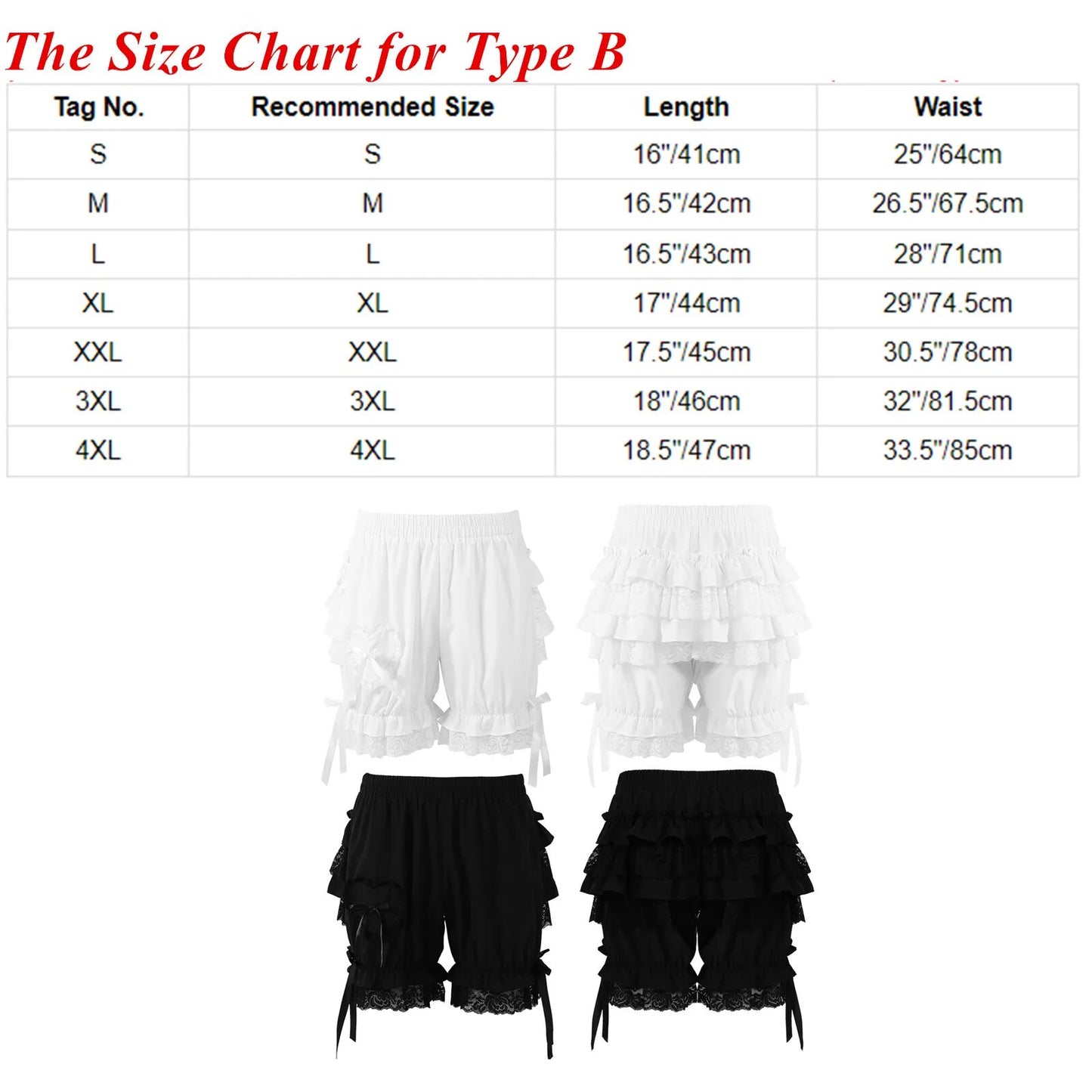 Kawaii Lolita Short Black White Shorts Womens Cute Lace Trim Layered Ruffle Bloomers Short Girls Mid Waist Bowknot Pastel Fashion Frilly Panties ( Plus Size Friendly XS- 4XL)