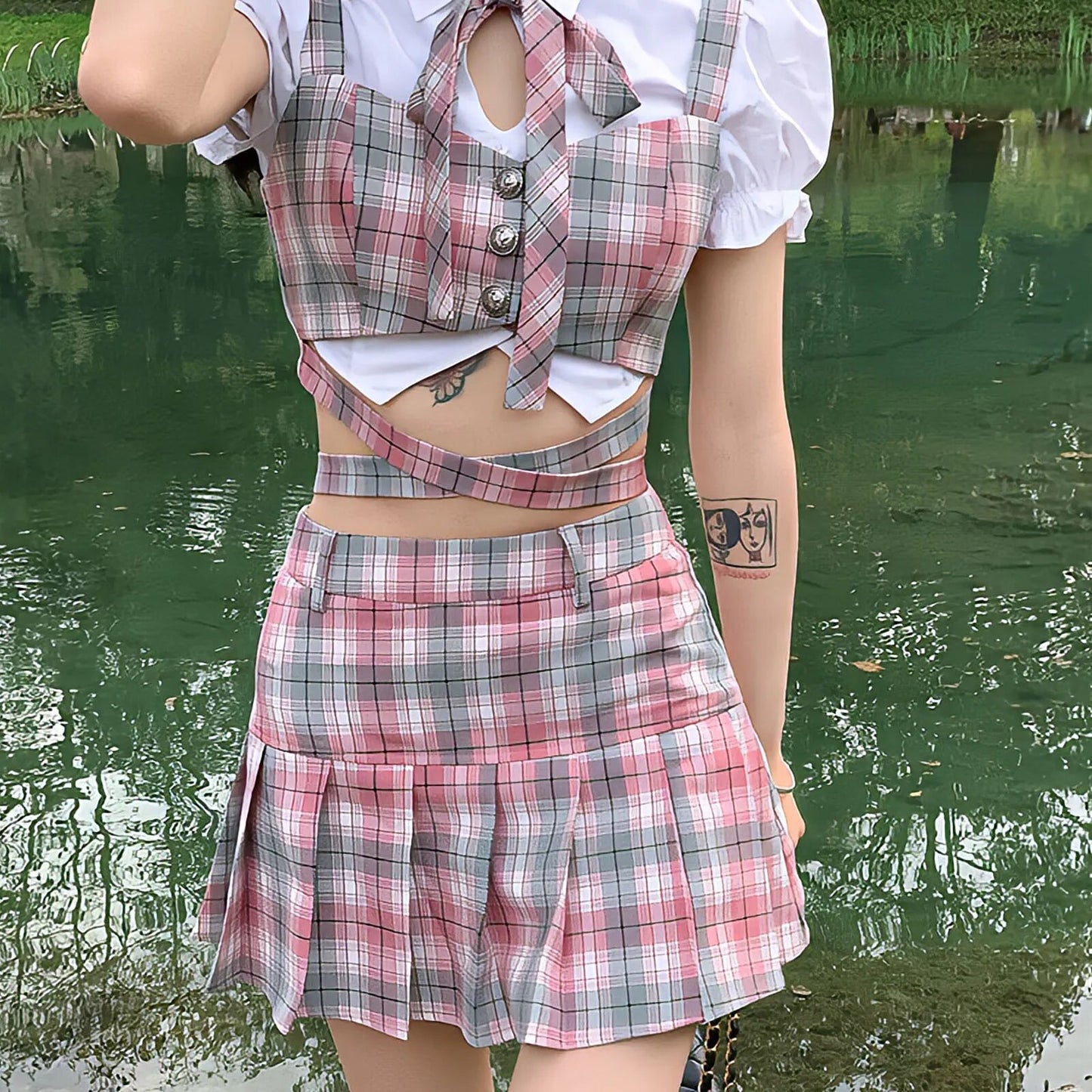 Y2k Aesthetic Academia Core Preppy Style Mini Skirts Women Clothing Vest Blouse Set White Pink Kawaii Harajuku Pleated Plaid Skirt