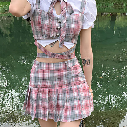 Y2k Aesthetic Academia Core Preppy Style Mini Skirts Women Clothing Vest Blouse Set White Pink Kawaii Harajuku Pleated Plaid Skirt