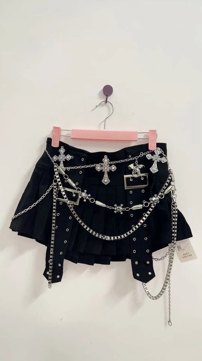 Cyber Gothic Short Mini Skirt  with Multiple Chains and Metal Cross Belt harajuku  Mini skirts,Emo Mini skirt ,Punk Rocker Short skirts,Alternative Mini skirts