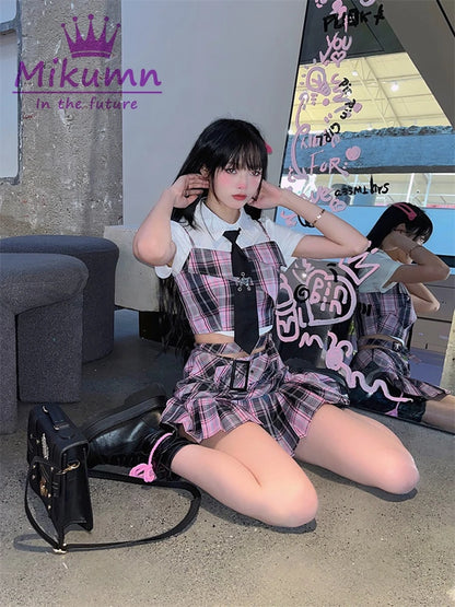 Cyber Y2K Harajuku Pink Plaid Pleated Skirt Academia Core Women  Low Waist Y2K Mini Skirt Gothic Emo Girls Kawaii Fashion Plaid Short Skirts