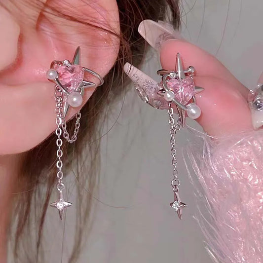 1Pc Sailor Moom Pink Crystal Heart Star Tassel Ear Clip Earrings for Kawaii Anime Women E-Girl No Piercing needle Ear Cuff Y2K Jewelry Christmas Gift