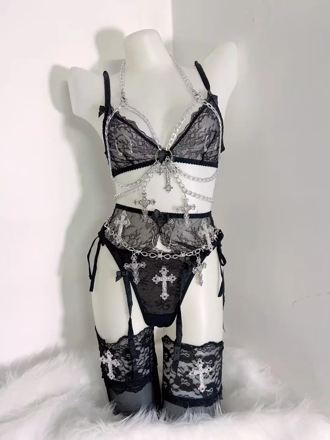 Cyber Goth Y2K Bralette and Panty Set with Chain Harness and Cross Thigh High Socks ( Chains Included)