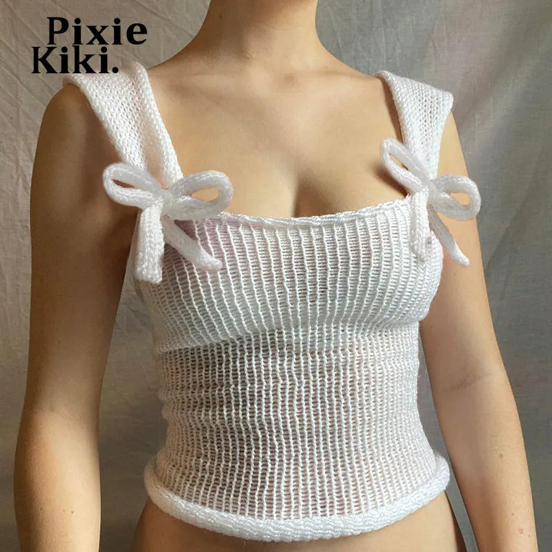 PixieKiki Y2k 2000s Bow White Crop Tops Woman Knitwears Cutecore Tank Top Kawaii Girls