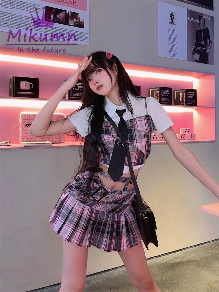 Cyber Y2K Harajuku Pink Plaid Pleated Skirt Academia Core Women  Low Waist Y2K Mini Skirt Gothic Emo Girls Kawaii Fashion Plaid Short Skirts