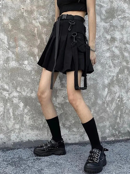 QWEEK Techwear Black Cargo Skirts Women Harajuku Gothic Grunge High Waist Mini Pleated Skirt Female Cyber Punk Egirl Uniform