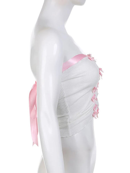 y2k Pink Bow Crop Top White Knitted Bandage Tube Top Women Fairycore Tie Up Mini Vest Strapless Backless Tanks Summer Korea New