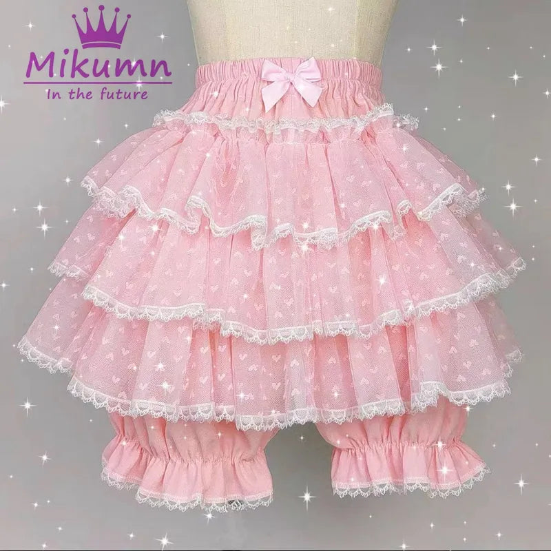 Mikumn Harajuku Gyaru HimeKaji Kawaii Lace Shorts Skirts Y2k Japanese Lolita Kawaii JK Ruffles Bloomers Hime Gal Gyaru Women Elastic Waist Safety Short Pants