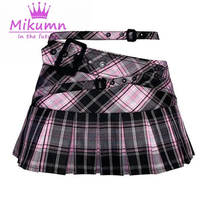 Cyber Y2K Harajuku Pink Plaid Pleated Skirt Academia Core Women  Low Waist Y2K Mini Skirt Gothic Emo Girls Kawaii Fashion Plaid Short Skirts