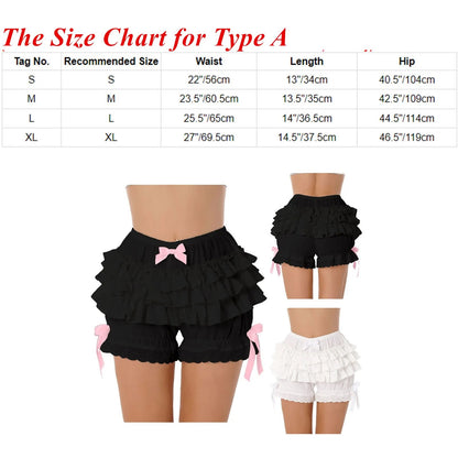 Kawaii Lolita Short Black White Shorts Womens Cute Lace Trim Layered Ruffle Bloomers Short Girls Mid Waist Bowknot Pastel Fashion Frilly Panties ( Plus Size Friendly XS- 4XL)