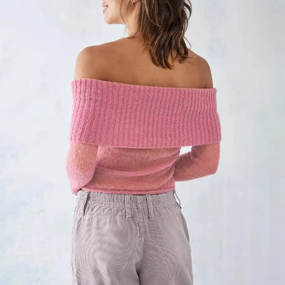 Women’s Knit Off Shoulder Crop Tops Solid Color Long Sleeve Cropped Sweater Pullovers Y2k High Streetwear Female Short Outwear