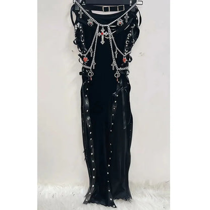 Nu Goth Maxi skirt with Split Ribbion Sides and Chain Belt Cross skirt Vampire skirts Punk skirts Gothic Maxi